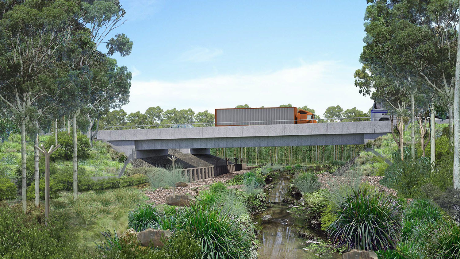 Woolgoolga to Ballina Pacific HWY upgrade, Typical twin bridges over combined fauna crossing and creek