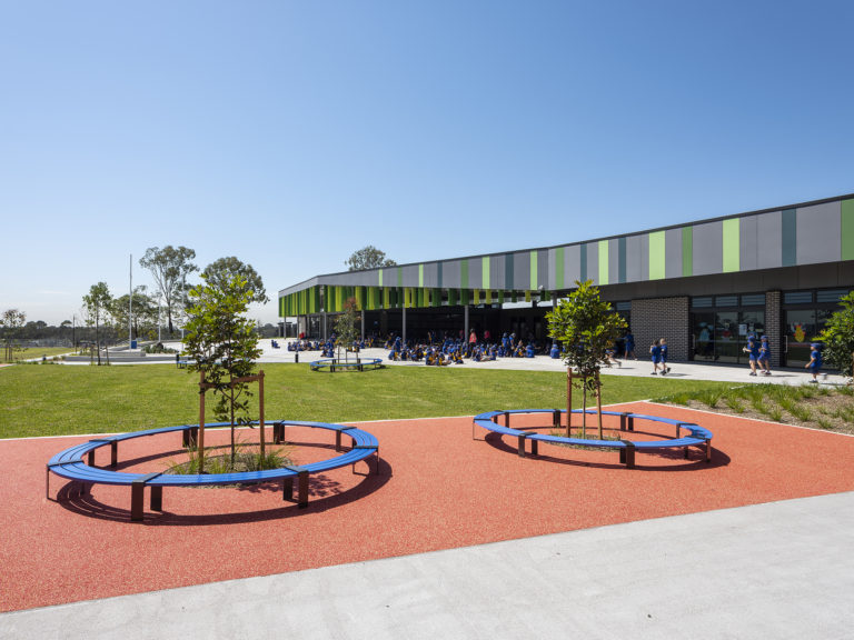 Education, Bardia Public School, outdoor area, seating, small trees, Landscape Architecture